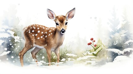  a painting of a deer in the snow with berries in the foreground.  generative ai