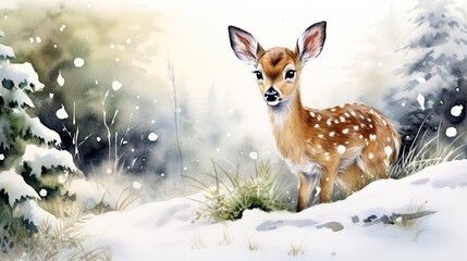  a painting of a deer in the snow with trees in the background.  generative ai