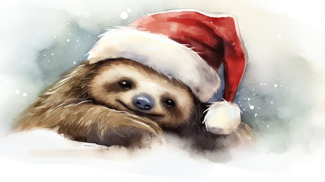  a watercolor painting of a sloth wearing a santa hat.  generative ai