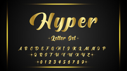 HYPER, Elegant golden alphabet letters font set. Classic Custom gold Lettering Designs for logo, movie, game. Typography serif fonts classic style, regular uppercase and number. vector illustration