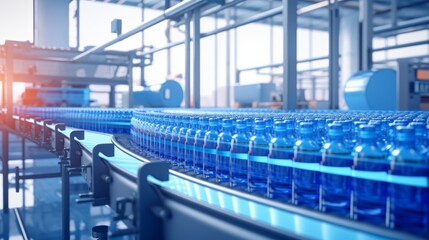 An industrial production line within a beverage factory, featuring a conveyor belt transporting bottled juice. The interior is bathed in a soothing blue color scheme