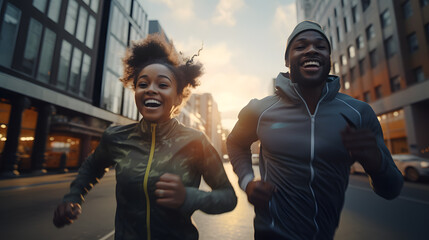 Fototapeta premium African American man and woman smiling and jogging in the city