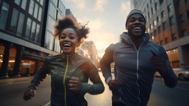 African American man and woman smiling and jogging  in the city