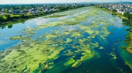The global environmental issue of water pollution caused by the proliferation of blue-green algae, also known as cyanobacteria. This ecological problem affects water bodies, rivers, and lakes, giving 