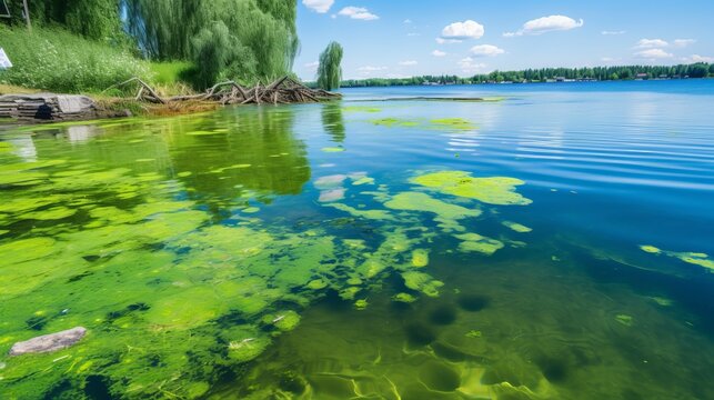 The global environmental issue of water pollution caused by the proliferation of blue-green algae, also known as cyanobacteria. This ecological problem affects water bodies, rivers, and lakes, giving 