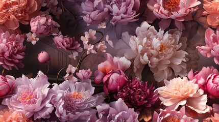  a bunch of pink and purple flowers on a table top.  generative ai