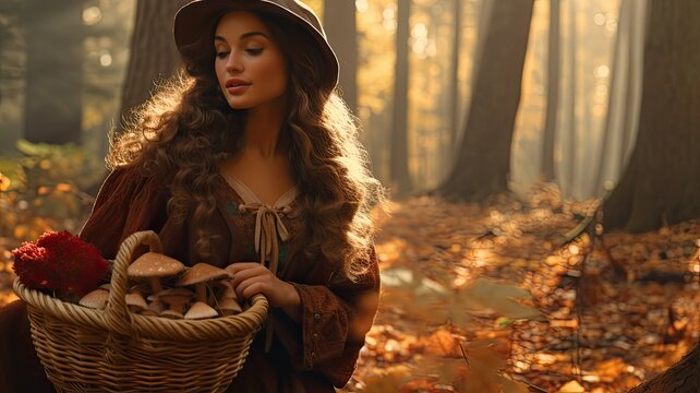 A woman walks through the autumn forest with mushrooms in a wicker basket. Picking mushrooms in the forest in autumn. Autumn season. Close-up.