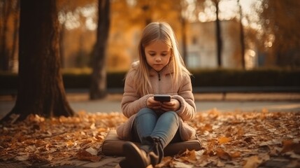 Kid is using mobile phone. Child is smiling and looking at screen of devices. Little girl is playing in children digital games in green park or garden outside. 