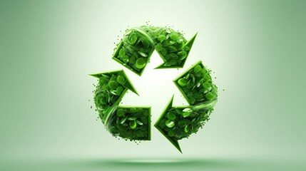 Green recycle symbol made out of leaves, nature's elements, background with copy space.