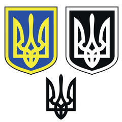 Ukrainian trident, Ukrainian symbols. Arms coat emblem, flag. National independence tryzub icons. Blue patriotic logo from Kiev. Decorative freedom crown on shield. Heart of constitution poster, flyer - 650366323