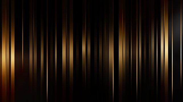 Vertical golden lines in different shiny lights, hues on a black card, banner. Industry and business luxury background.