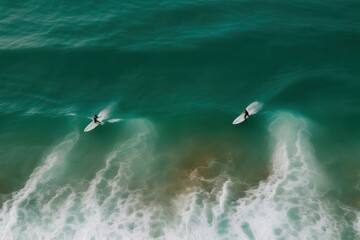 surfing in the ocean aerial view. Two surfboards in water view from above. Extreme water sport and healthy lifestyle. Waves on surf spot.