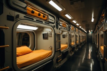 Fototapeta premium futuristic interior of a sleeping pods in train or capsule hotel