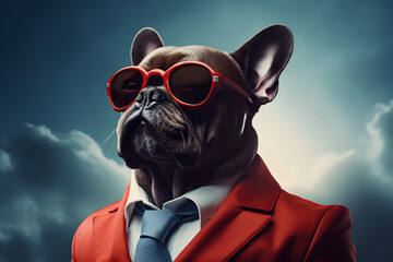 French bulldog wearing sunglasses and a redsuit