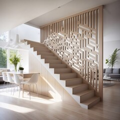modernes Wohnzimmer mit Treppe und Holztrennwand mit Muster
