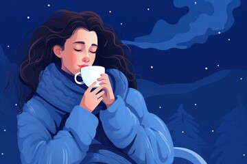 Beautiful woman drinking herbal tea and falling asleep at night flat illustration. Sleeping problems and insomnia. Blue Monday concept.
