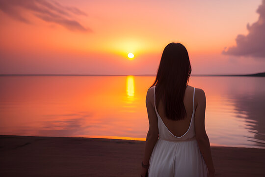 Detailed image capturing the essence of a happy woman standing with her back to a breathtaking sunset in a natural setting, highlighting the serene and joyful moment. Ai generated.




