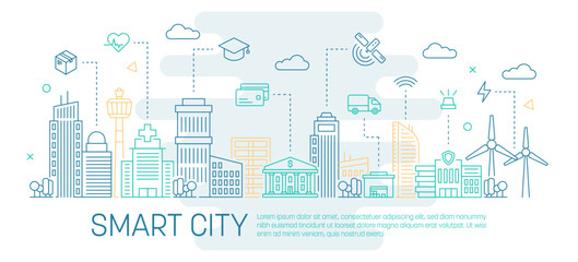 Smart city concept with editable and colored stroke line. Modern town enviroment sustainable connected buildings. Vector isolated concept © Wildfire Graphics