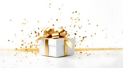 Gold bow gift box on white background