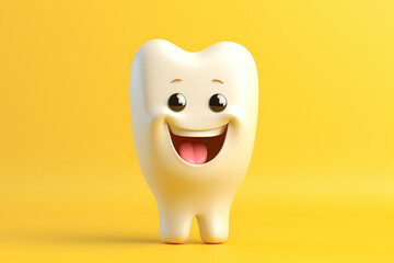 Cute 3D tooth character with big eyes, on a fresh yellow background.