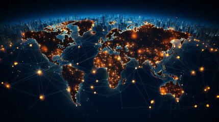 a hyper-realistic scene depicting a digital world map illuminated with interconnected nodes, symbolizing the global reach and collaboration of businesses worldwide