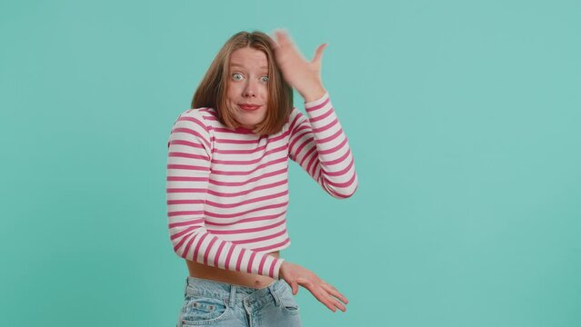 Woman raising hands asking what why reason of failure, demonstrating disbelief irritation by troubles trendy social media meme anti lifehacks ridicules people who complicate simple tasks for no reason