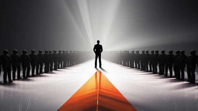 The team leader manages human resources standing in the epicenter, surrounded by his subordinates. Generative AI