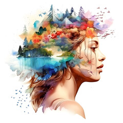 Poster art of woman portrait that incorporates trees and plants. Conceptual art of nature, life, environment and mind