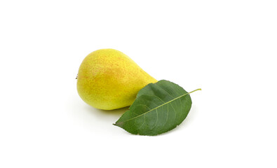 Delicious green pear with leaves.