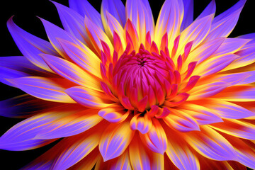 An abstract close-up of a four-colored blossom, featuring a combination of blue, purple, pink, and white petals, photographed against a black background, creating an intriguing and visually captivatin
