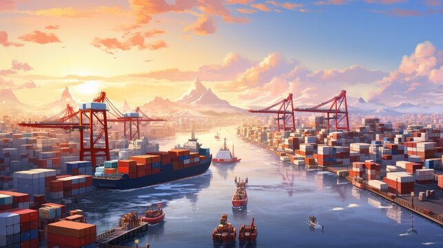 an elegant scene featuring a bustling harbor with ships loaded with goods from around the world, illustrating the trade and commerce within a global network of businesses 