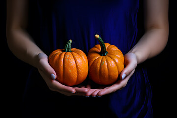 Girl's hand holding pumpkins on black background