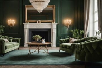 Classic interior design of living room with green velvet tufted sofa and two beige armchairs