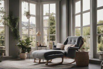 Stylish and cozy reading nook Grey lounge chair against window French country interior design - obrazy, fototapety, plakaty