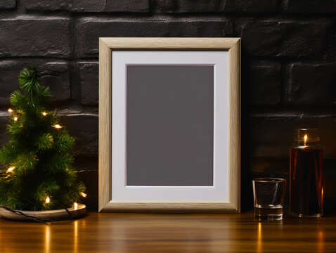 Christmas composition with a empty photo frame mock up on a shelf with decorations 