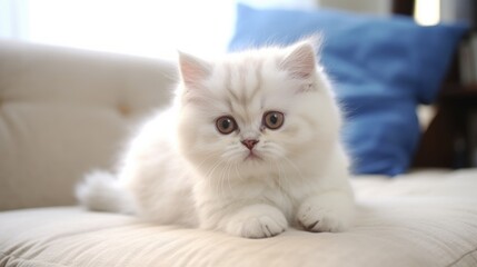 A white cat sitting on top of a white couch