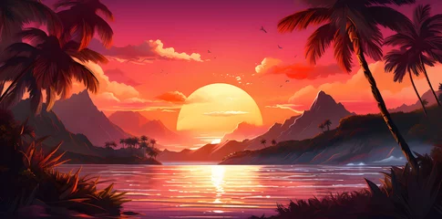 Tuinposter Retrowave style landscape water and palm trees with sunset © Oksana