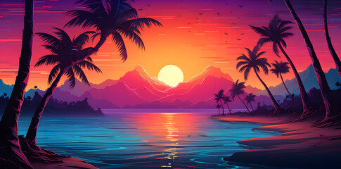 Fototapeta na wymiar Retrowave style landscape water and palm trees with sunset