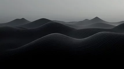   a black and white photo of a mountain range in the fog.  generative ai © Anna