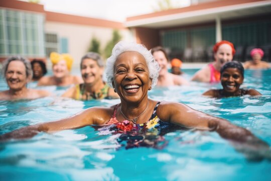 Diverse group of senior women having fun while exercising and working out during a water aerobics class in a pool