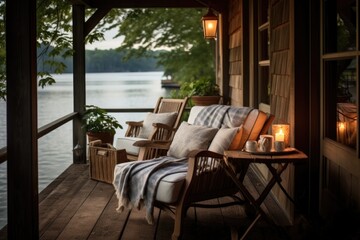 Cozy interior of a room in a wooden cabin house located on a lake