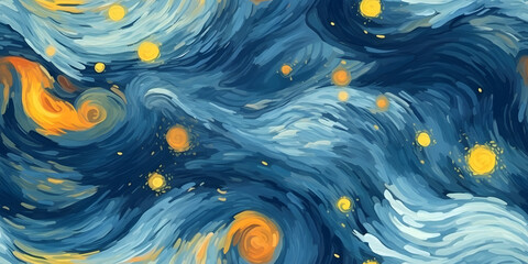 Seamless pattern of sky in style of Van Gogh Starry Night - obrazy, fototapety, plakaty