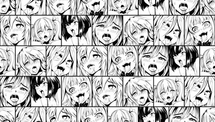 Black vector seamless pattern with ahegao face emotion, illustration manga set. Hand-drawn art for t-shirts, helmets, cars, and wallpapers. concept graphic design element. Isolated on white background