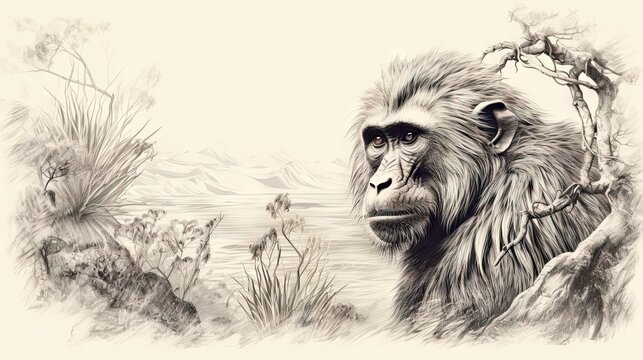  a drawing of a monkey in a tree looking at the camera.  generative ai