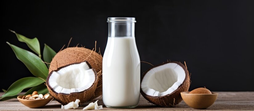 Coconut Based Vegan Products Milk Yogurt And Chips On A White Backdrop