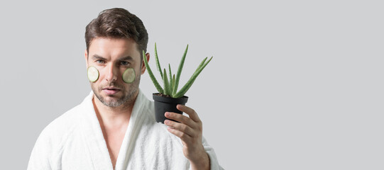 Clean face, face care, facials concept. Middle aged man with aloe vera isolated on studio...