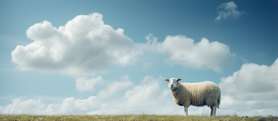 A lone sheep against cloudy sky with ample space for text