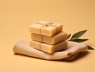Organic handmade soap bars with green leaves on yellow background
