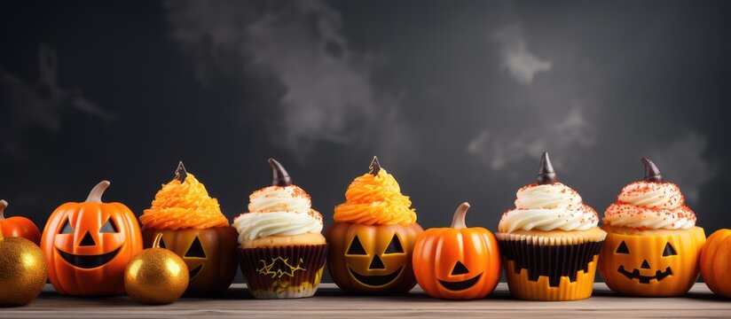 Halloween themed cupcakes and pumpkins on a tiled background