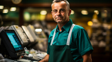 Captivating Irish shopkeeper with skeptical expression, raised eyebrow suggesting doubt and suspicion. Scene unfolds in convenience store with cash register, products in view. - obrazy, fototapety, plakaty